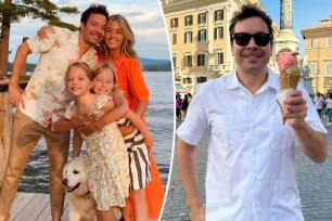 Jimmy Fallon with Nancy Juvonen and their daughters Winnie and Frances split with Jimmy Fallon eating gelato in Rome, Italy.