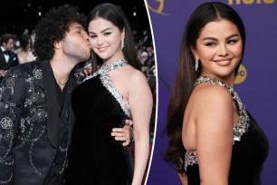 A split photo of Benny Blanco kissing Selena Gomez and Selena Gomez smiling at the 2024 Emmy Awards