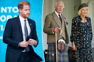 A split photo of Prince Harry talking and King Charles and Queen Camilla walking