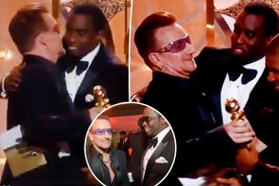 A split photo of Bono and Sean Combs at the Golden Globes and Bono and Sean Combs at the Golden Globes and a small photo of Bono smiling with Sean Combs