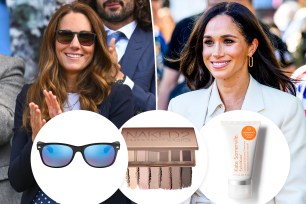 Kate Middleton and Meghan Markle with insets of sunglasses, eyeshadow and an exfoliator