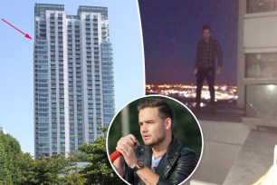 Liam Payne's East London apartment building split with him on the edge with an inset of him on stage.