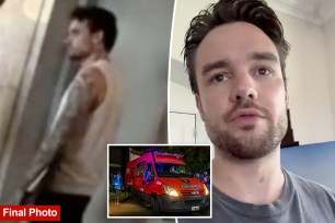 A split photo of Liam Payne standing in his hotel and a selfie of Liam Payne and a small photo of an ambulance