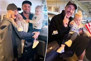 A split photo of Taylor swift posing with Gehrig Dieter and his daughter and Travis Kelce holding Gehrig Deiter's daughter