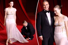 A split photo of Rooney Mara and Joaquin Phoenix posing together and Joaquin Phoenix grabbing the bottom of Rooney Mara's dress