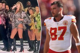 A split photo of Taylor Swift performing on stage and Travis Kelce playing football