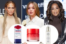 Jennifer Lopez, Sydney Sweeney and Oprah with insets of Aquaphor, Laneige and Sunday Roley products