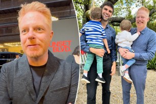 A split of Jesse Tyler Ferguson on a red carpet and Ferguson with his family.