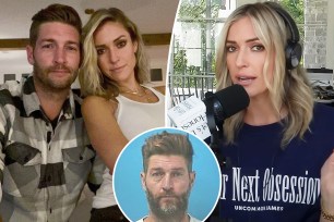 A split photo of Jay Cutler and Kristin Cavallari and Kristin Cavallari talking and a small photo of Jay Cutler's mugshot