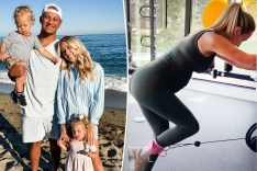 Brittany Mahomes working out split with her and Patrick Mahomes with their two kids Sterling and Bronze.