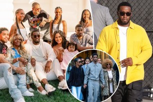 A split photo of Sean "Diddy" Combs with his kids and Sean Combs walking and a small photo of Sean Combs' kids