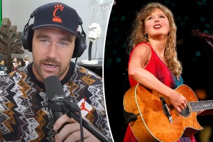 A split photo of Travis Kelce talking and Taylor Swift playing on stage