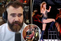 Jason Kelce on "New Heights" split with Taylor Swift performing in Miami with an inset of him at her concert.