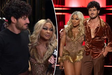 A split photo of Phaedra Parks and Val Chmerkovskiy talking on "DWTS" and Val Chmerkovskiy and Phaedra Parks standing on "DWTS"