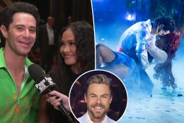 Jenn Tran, Sasha Farber split image with Derek Hough.