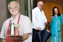 A split photo of Michael Kelcourse serving a martini and Michael Kelcourse with Patricia Altschul