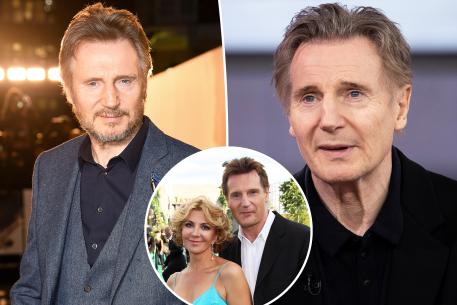 Liam Neeson split image inset with Natasha richardson