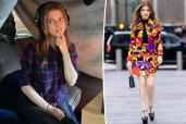 Anna Kendrick puts fingers on lips while sitting with headphones on, split with the actress walking in a colorful dress