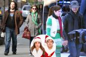 Anna Kendrick walks with a shopping bag with Edgar Wright at her side split with the actress wearing a green costume on set with Ben Richardson, as well as her and Bill Hader wearing Santa suits for "Noelle"