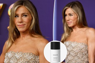 Jennifer Aniston at the 2024 Emmys with an inset of Lolavie Styling Paste