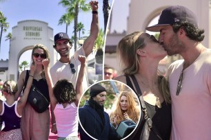 Justin Baldoni and his family at Universal studios with an inset of him and Blake Lively on set of "It Ends With Us."